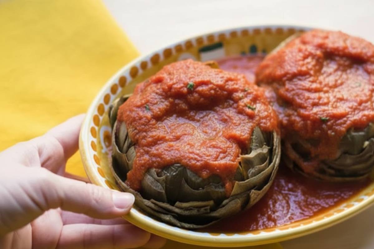 carciofi ripieni con sugo di pomodoro