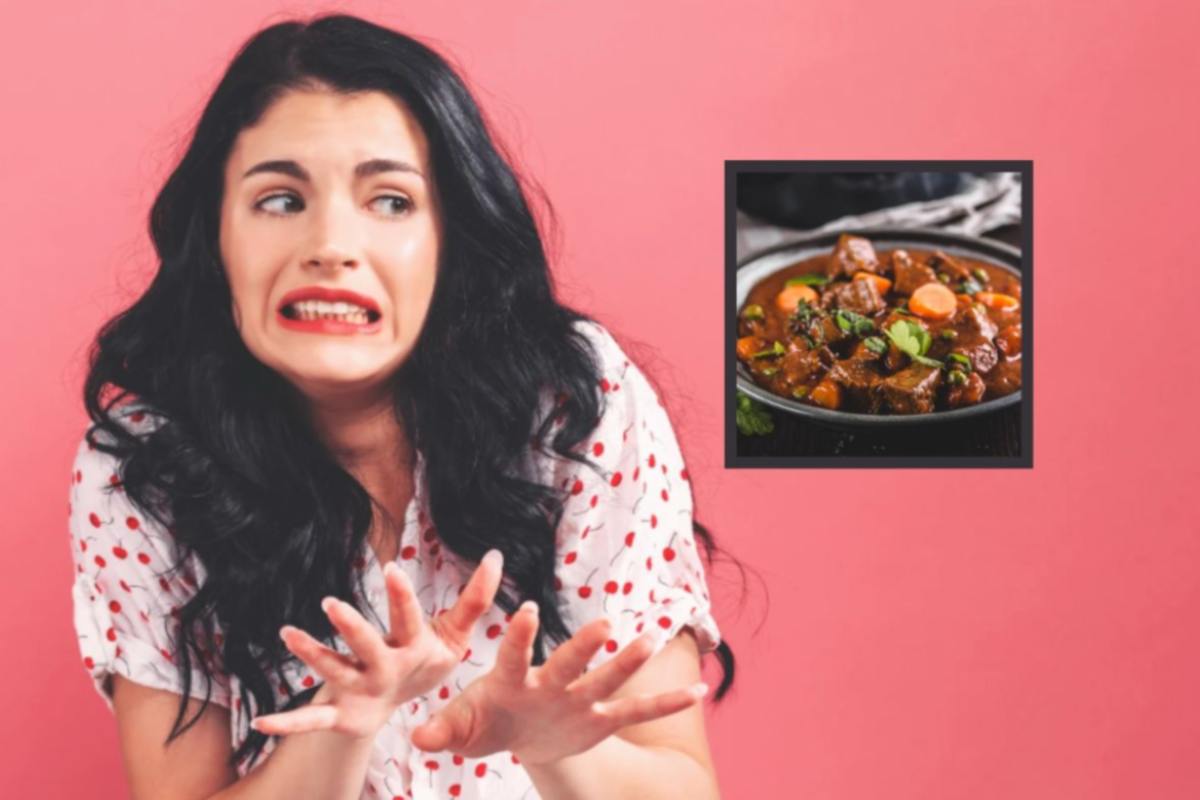 donna con espressione disgustata e nel riquadro uno spezzatino