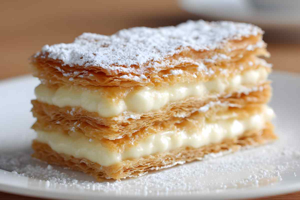 Una fetta di millefoglie alla crema