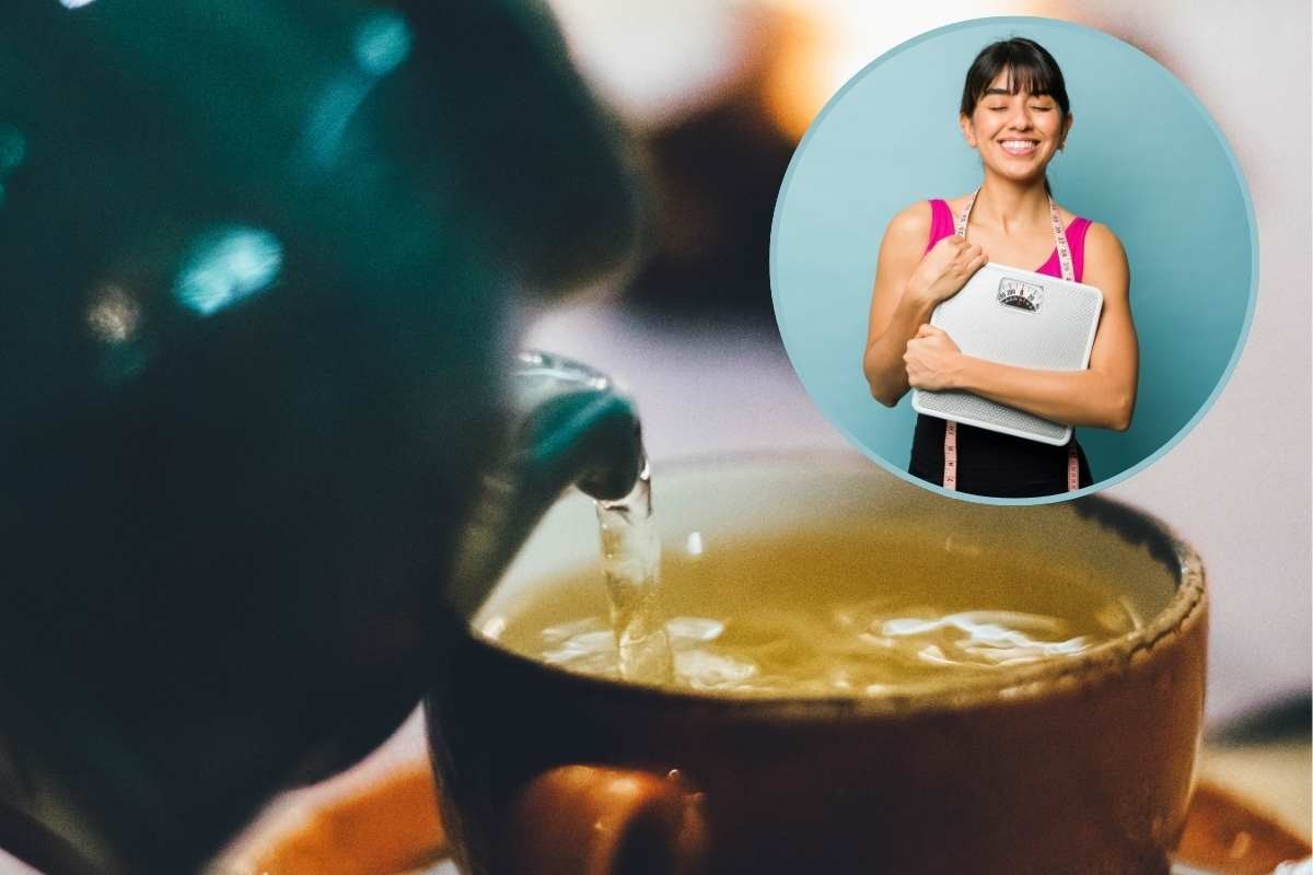 versare un infuso nella tazza e ragazza con bilancia in mano