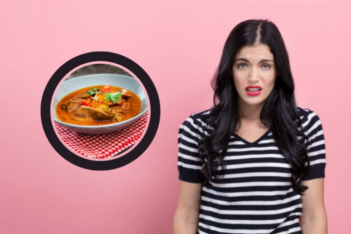 donna con espressione disgustata e nel riquadro la lingua di manzo in salsa