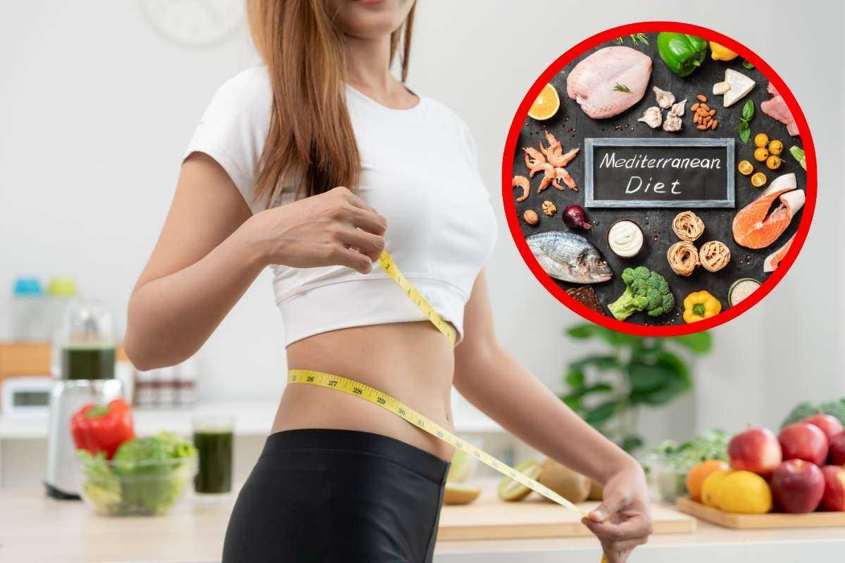 ragazza che si misura la vita e alimenti nel riquadro