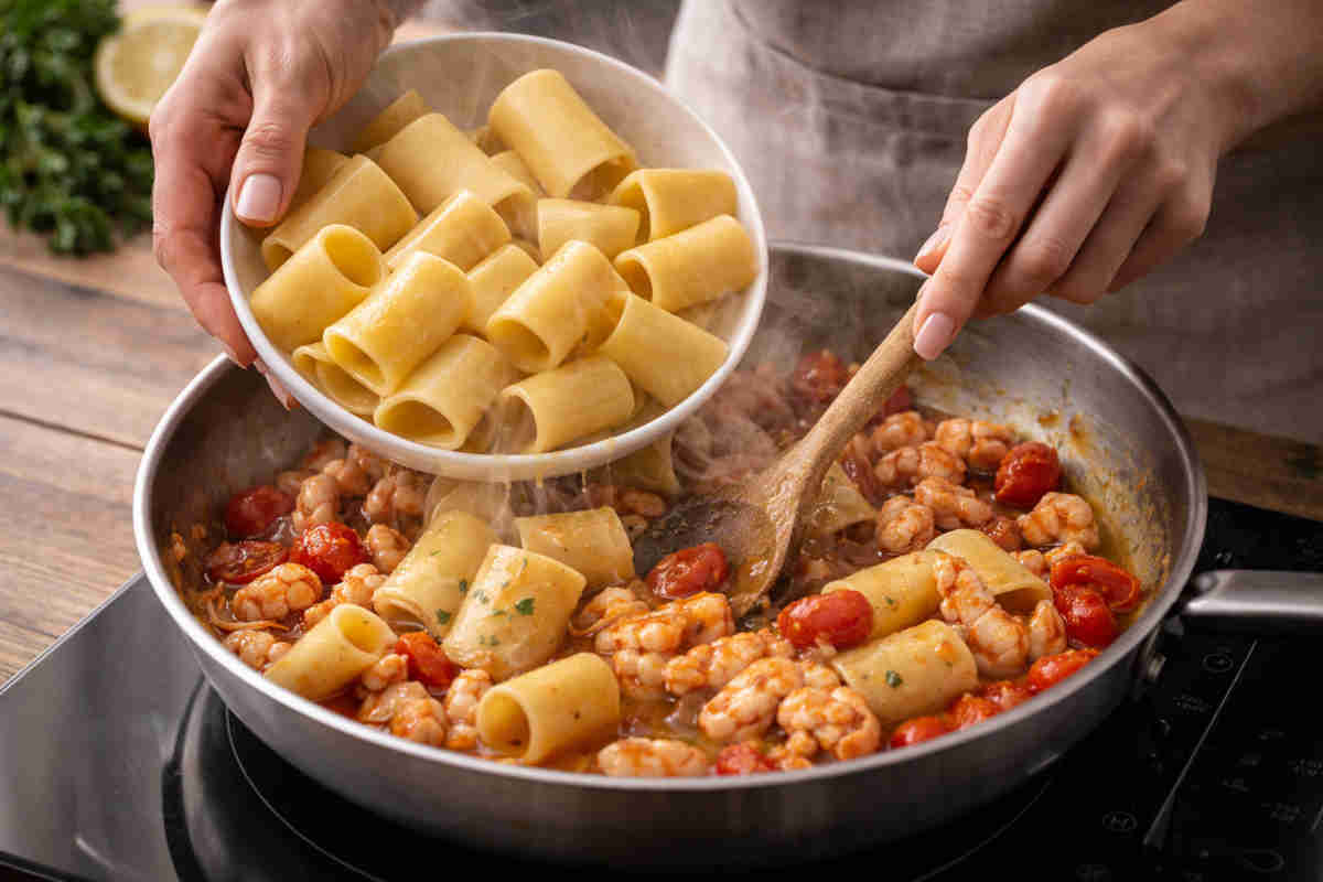Donna che prepara un primo a base di paccheri con ragù di scampi e agrumi