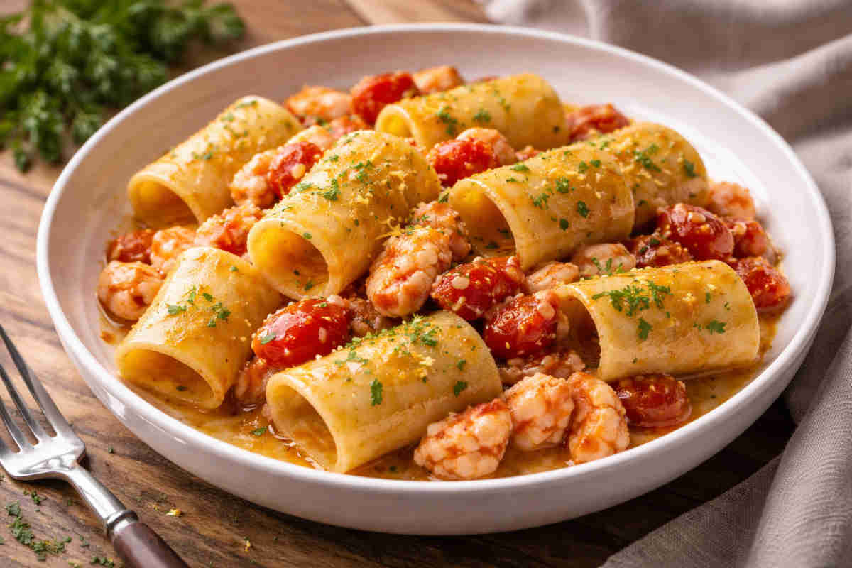 Piatto di paccheri con ragù di scampi e agrumi grattugiati