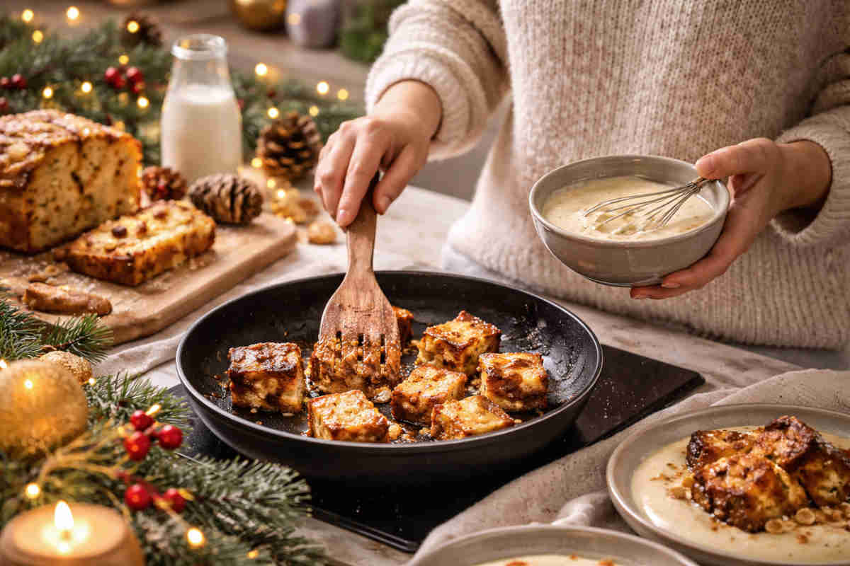 Donna che prepara un panettone caramellato in padella