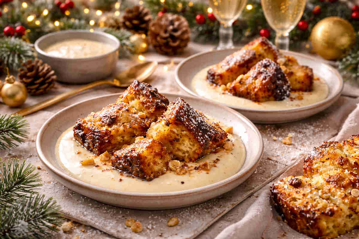 Tavola imbandita per le feste natalizie con piatto bianco con un panettone caramellato