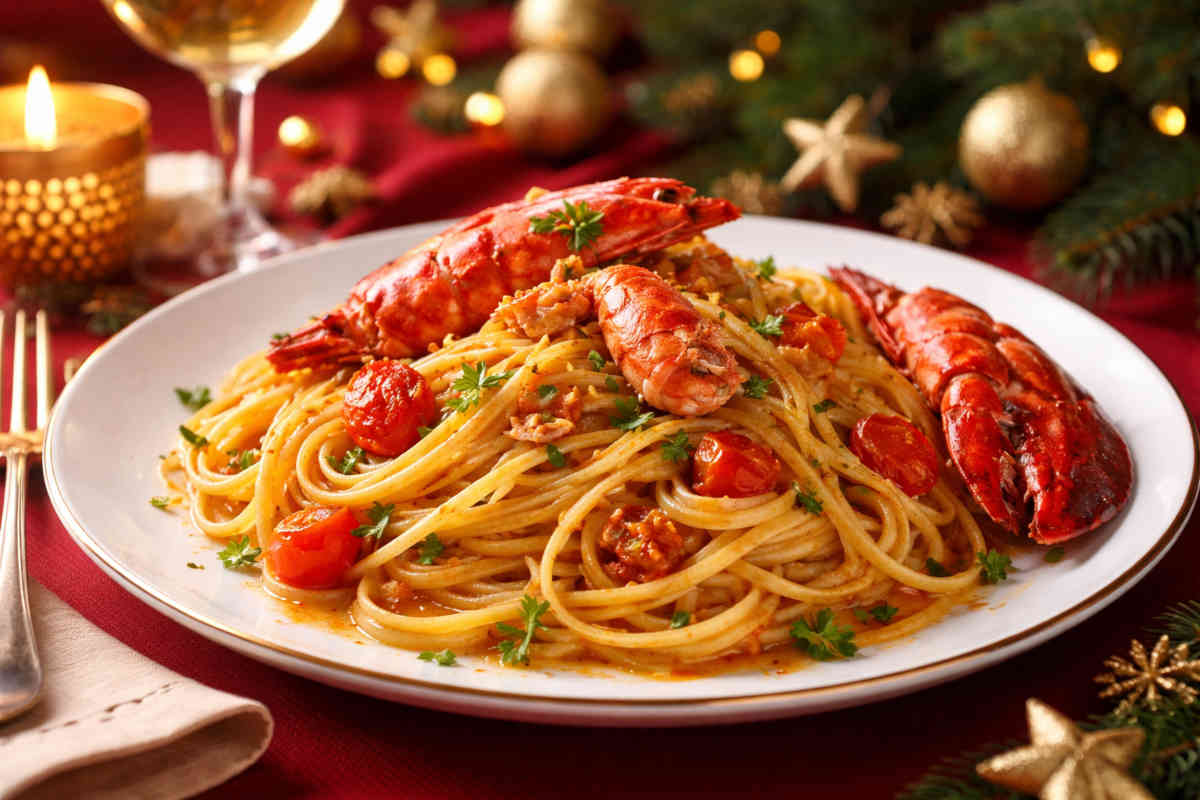 Primo piatto di un piatto di pasta con l'astice con sfondo natalizio