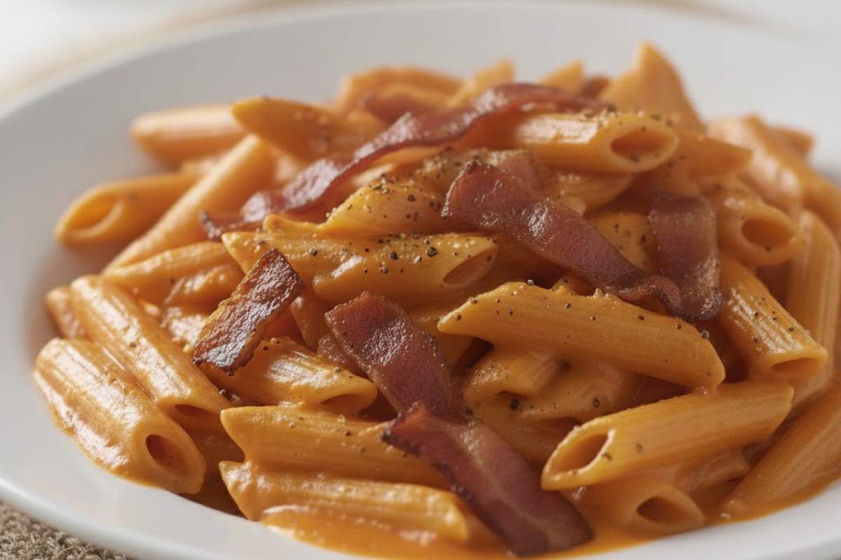 pasta con crema di peperoni e pancetta