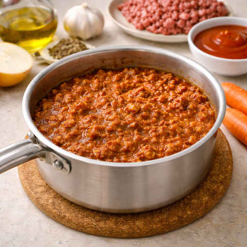 Pentolino in acciaio su sottopentola di sughero con all'interno un saporito ragù di carne