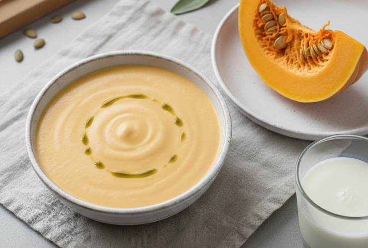 besciamella di zucca su tavolo con pezzi di zucca e latte
