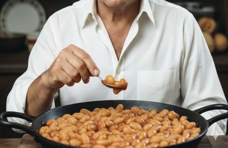 Uomo che mangia fagioli da una padella