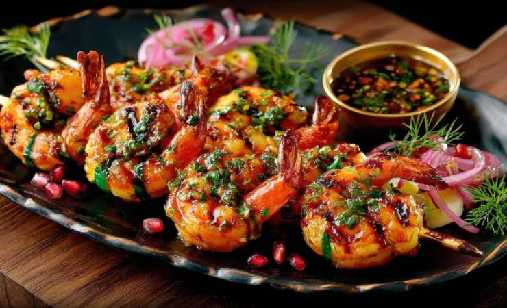 vassoio con gamberi al melograno