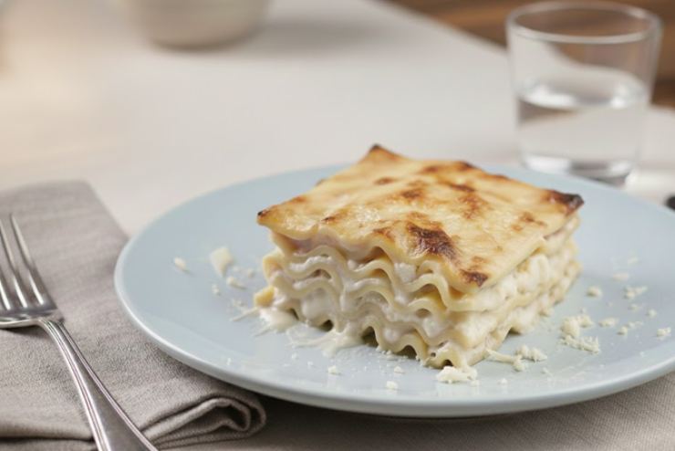 lasagna al cavolfiore in un piatto azzurro