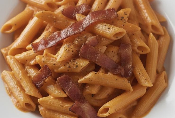 primo piano di pasta con peperoni e pancetta