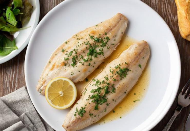 tranci si sogliola in piatto con sugo e limone