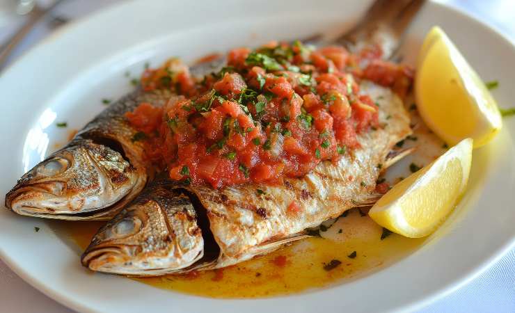 piatto con spigole con pomodorini a pezzi