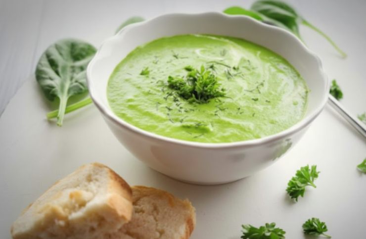 vellutata di lattuga in un piatto e fette di pane