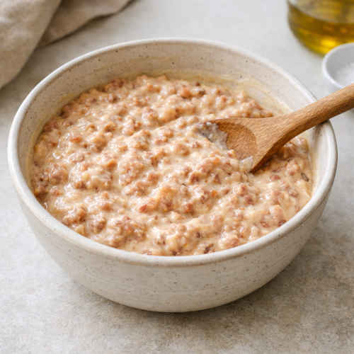 Ciotola di ceramica bianca con all'interno una crema gustosa di besciamella e ragù di carne