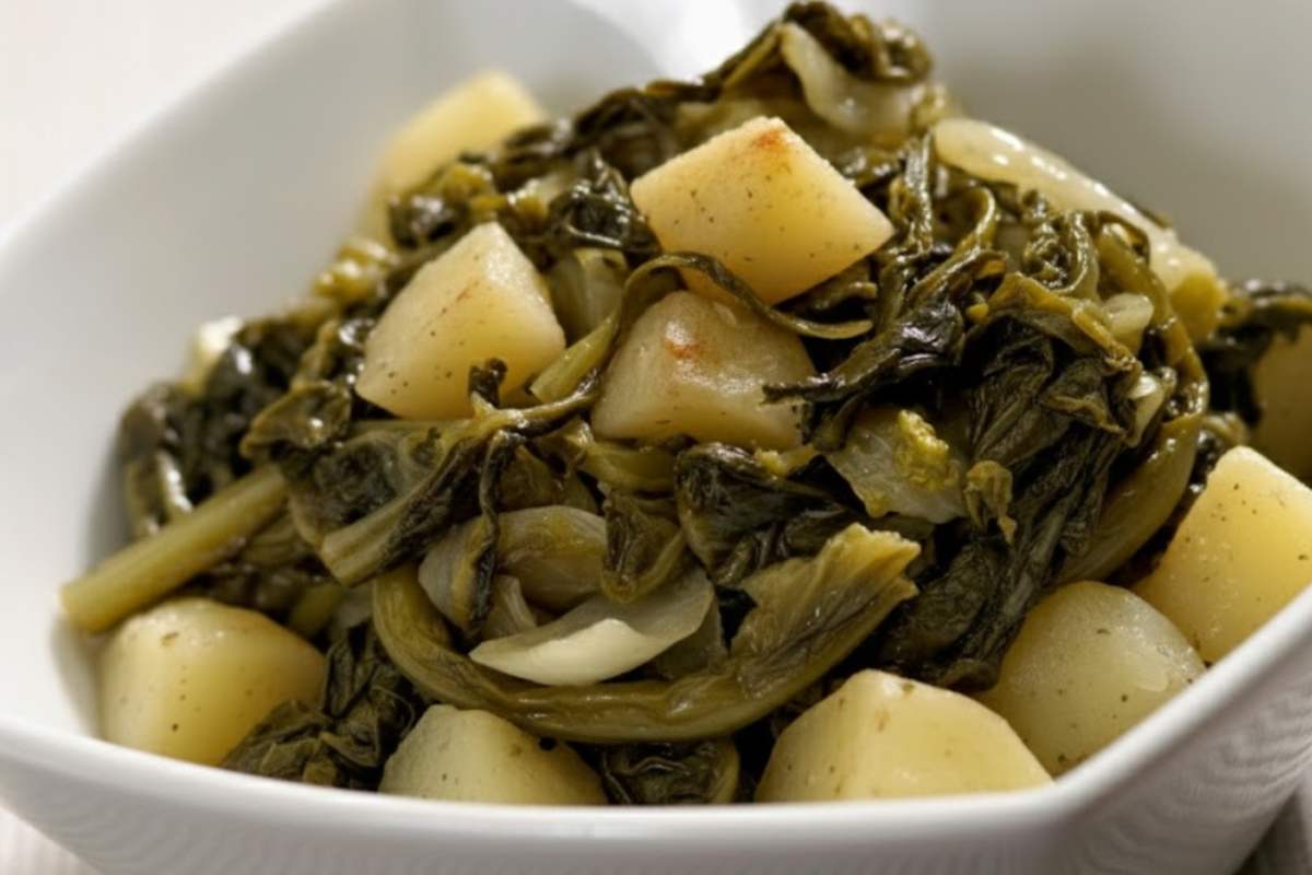 patate e scarole in un piatto bianco