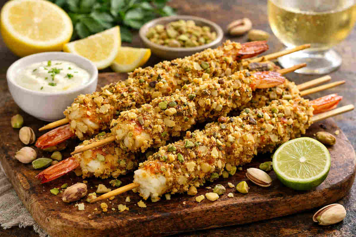 Spiedini di gamberoni croccanti con panatura di pistacchio su tagliere di legno