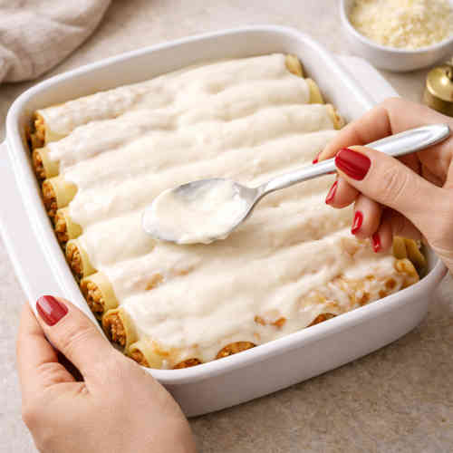 Mani femminili che stendono un velo di besciamella su dei cannelloni secchi