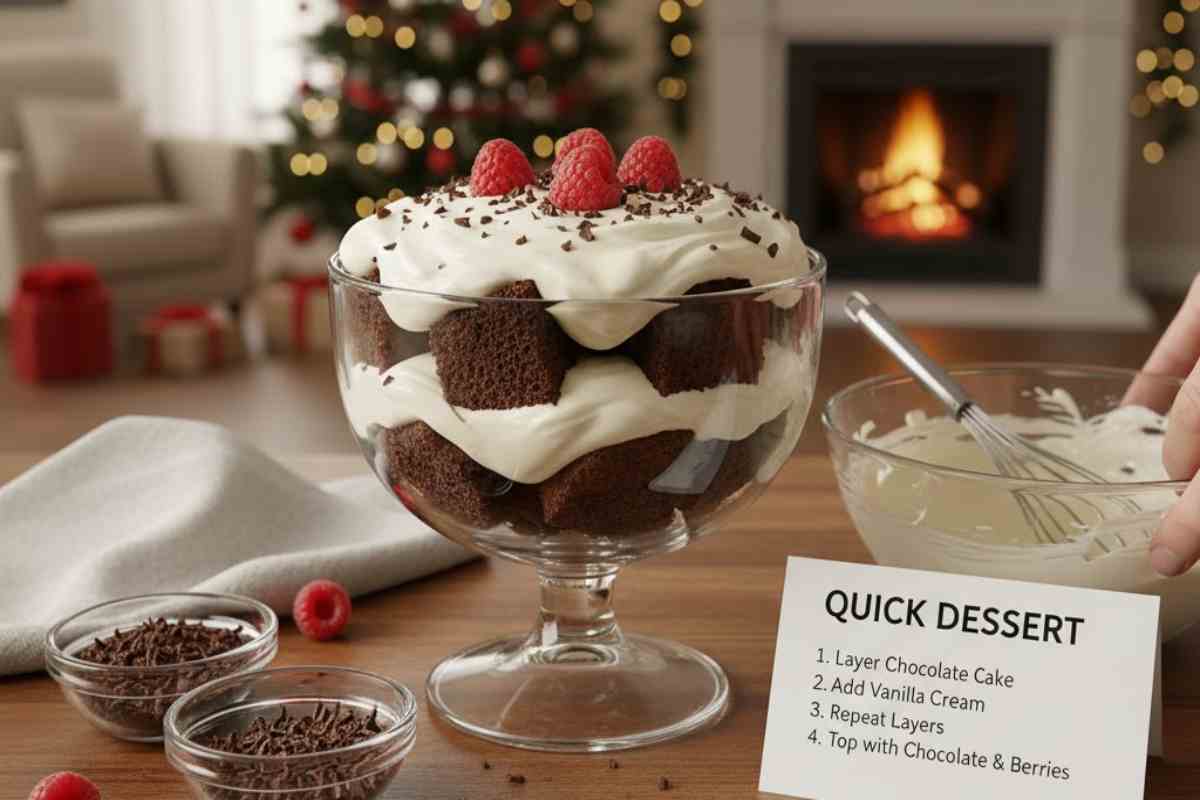 Trifle al cioccolato e crema alla vaniglia in una coppa con albero di Natale e camino sullo sfondo