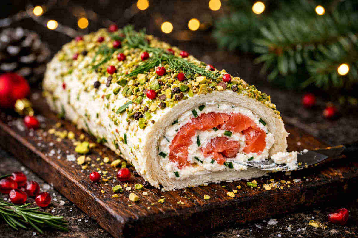 Primo piano di un tronchetto salato con il salmone su tagliere di legno e decorazioni natalizie attorno