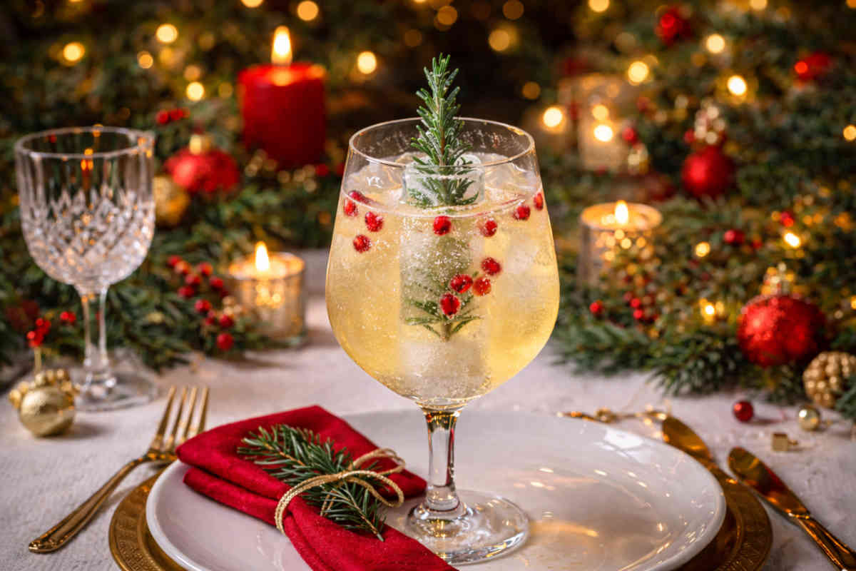 Bicchiere con winter fizz su sfondo natalizio