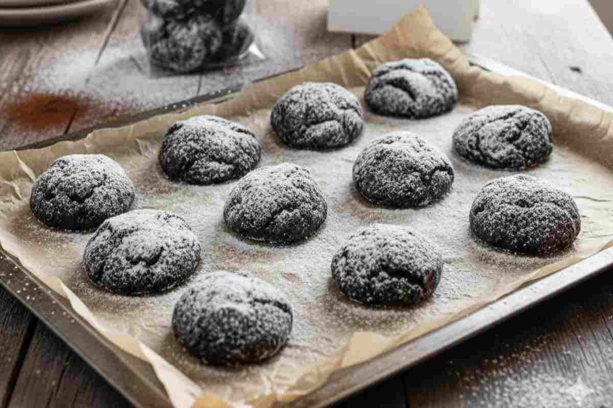 Biscotti carbone di frolla su una teglia foderata di carta forno con zucchero a velo