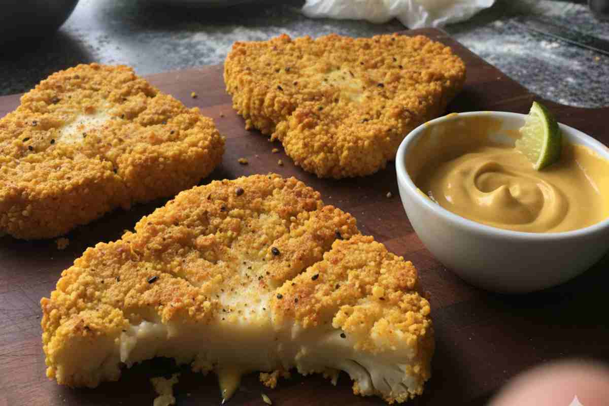 Cotolette di Cavolfiore con Maionese al Curry su un tavolo