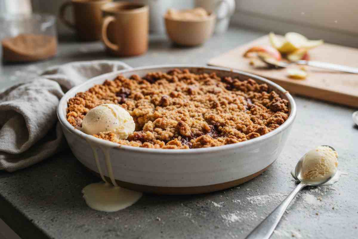 Crumble di mele e cannella in una teglia di ceramica bianca