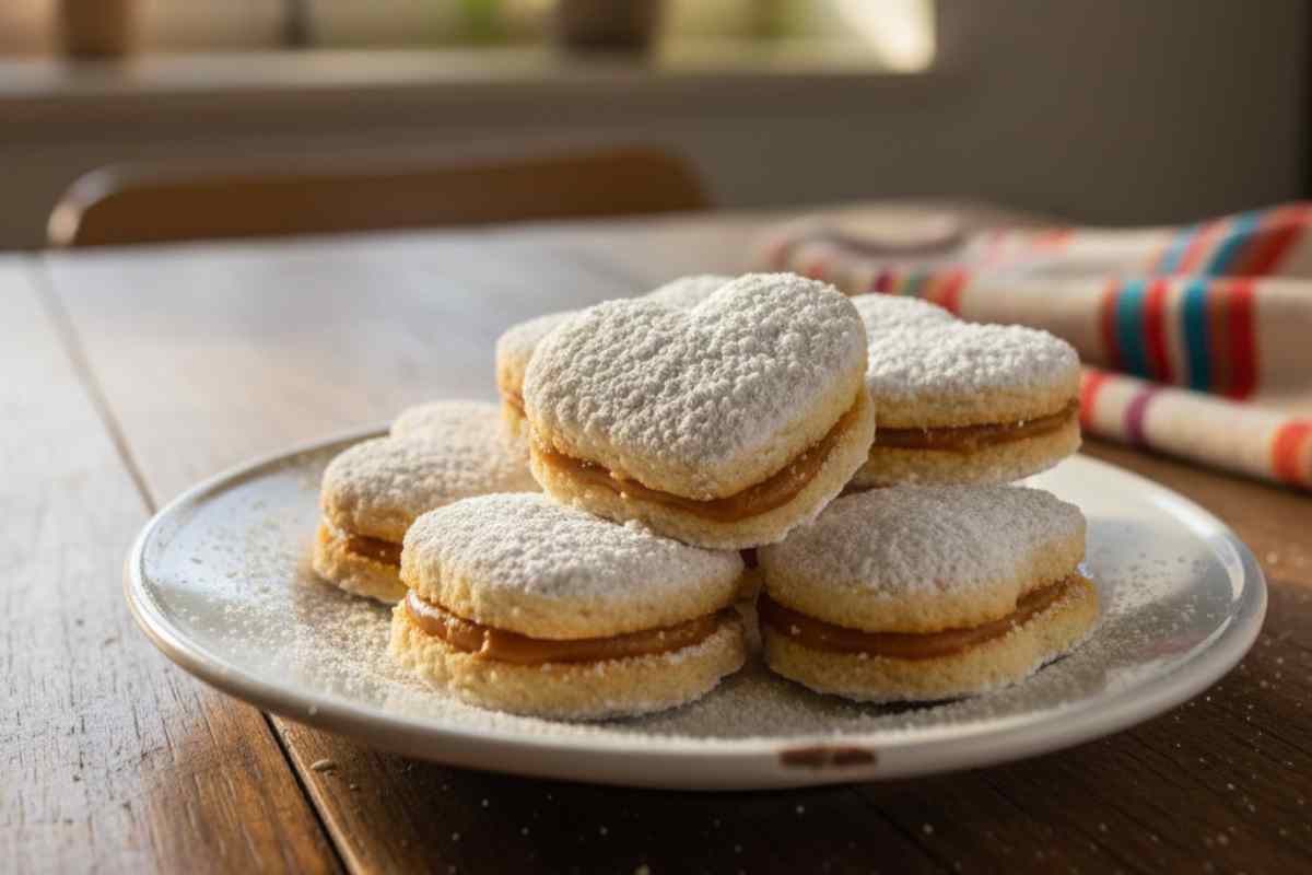 Cuori di Nuvola al Dulce de Leche in un piatto su tavolo di legno