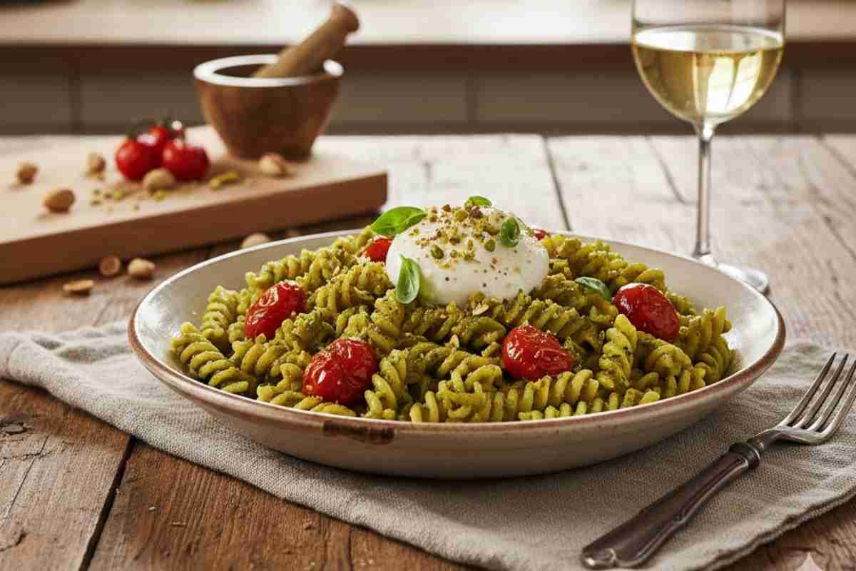 Un piatto di fusilli con pesto di pistacchio e pomodorini
