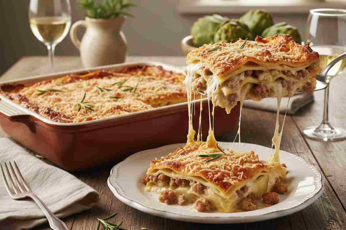 Lasagna bianca carciofi e salsiccia in una teglia ed in un piatto