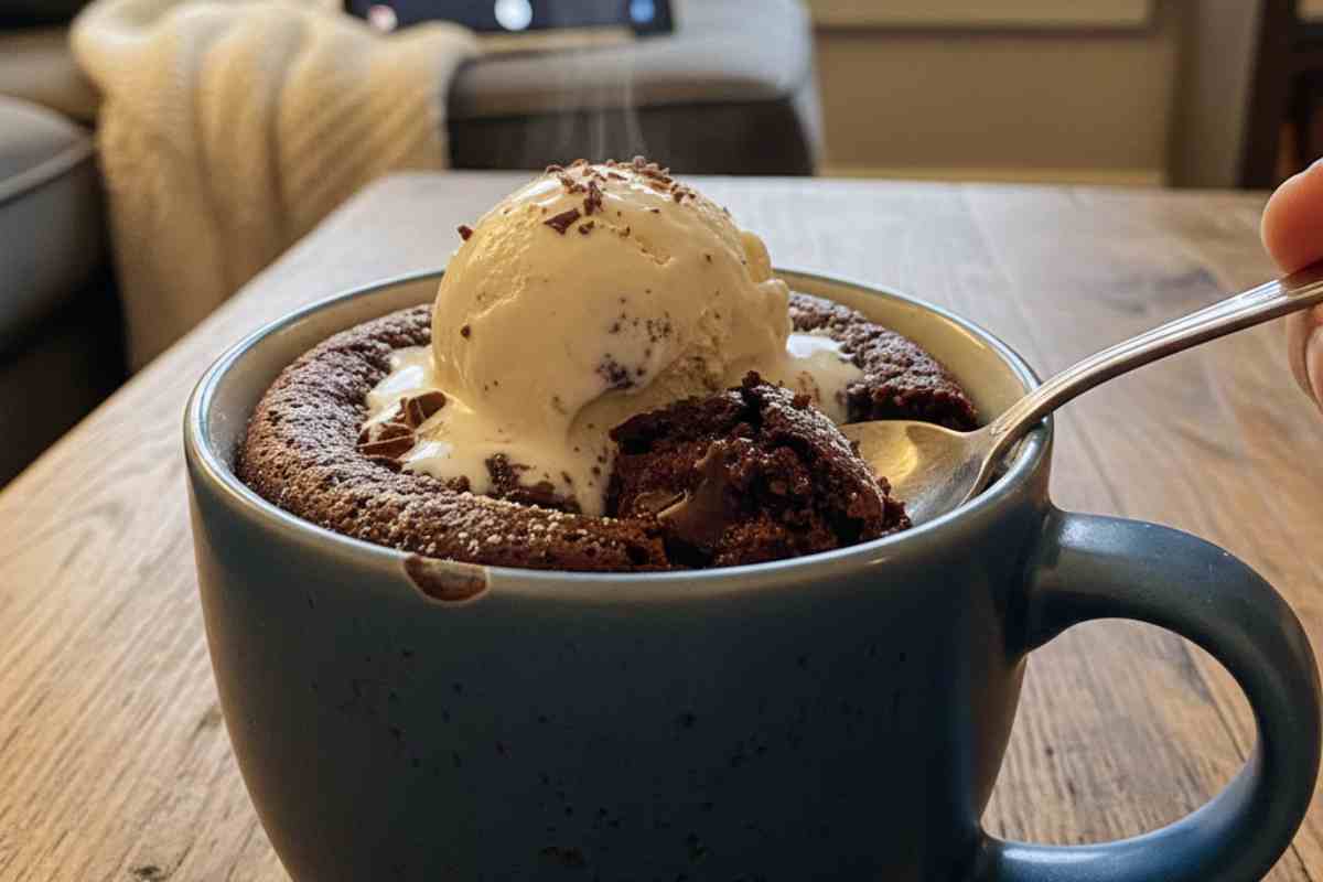 Una tazza di Mug Cake cioccolato su tavolino di legno