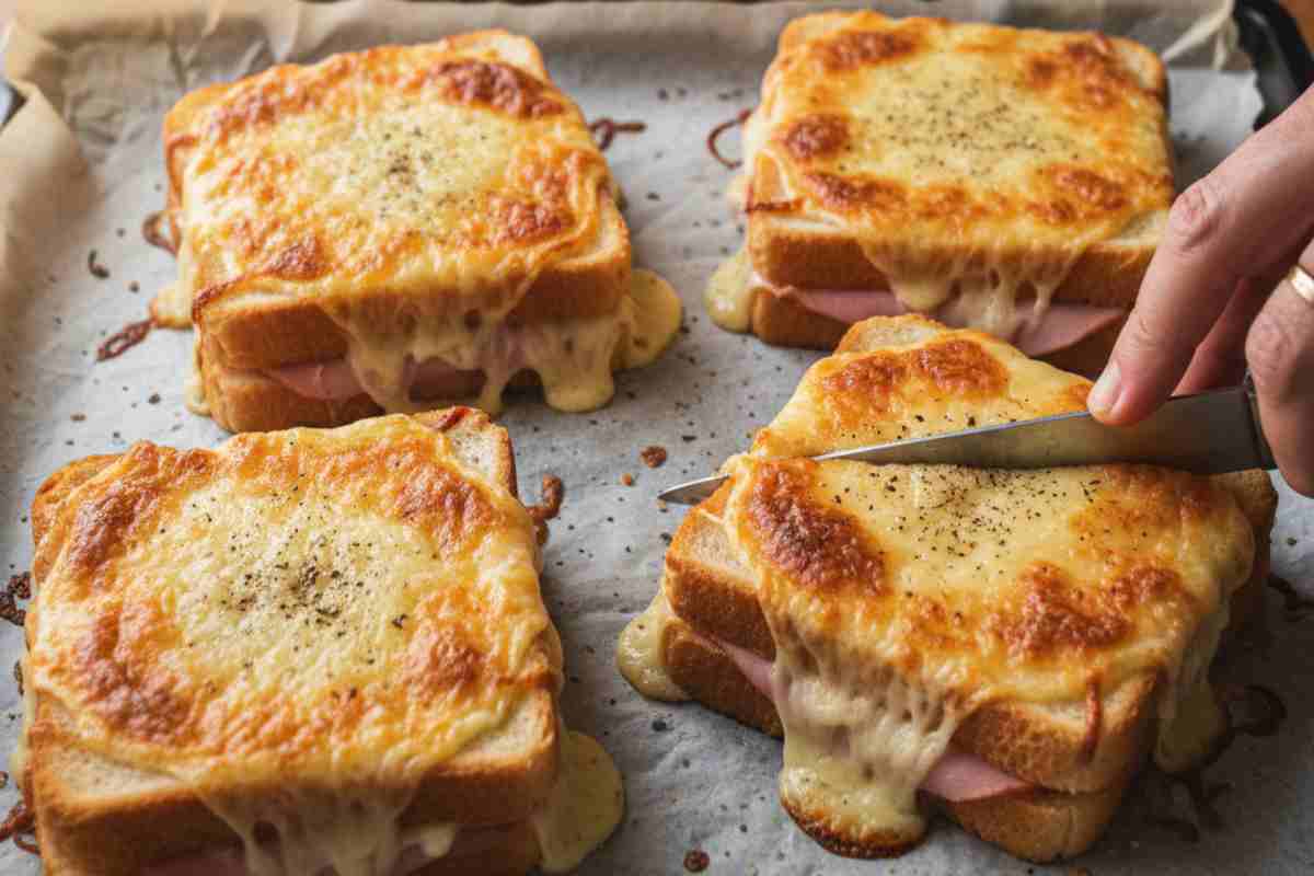Quattro pezzi di Panino Croque Monsieur su carta forno