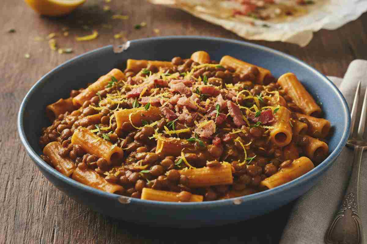 Pasta e Lenticchie Azzeccata con Pancetta e Limone in un piatto su tavolo di legno