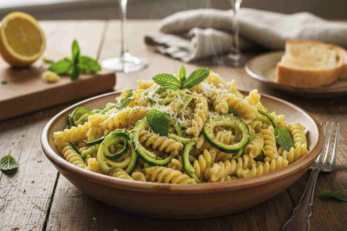 Un piatto di pasta risottata al limone e zucchine su tavola apparecchiata