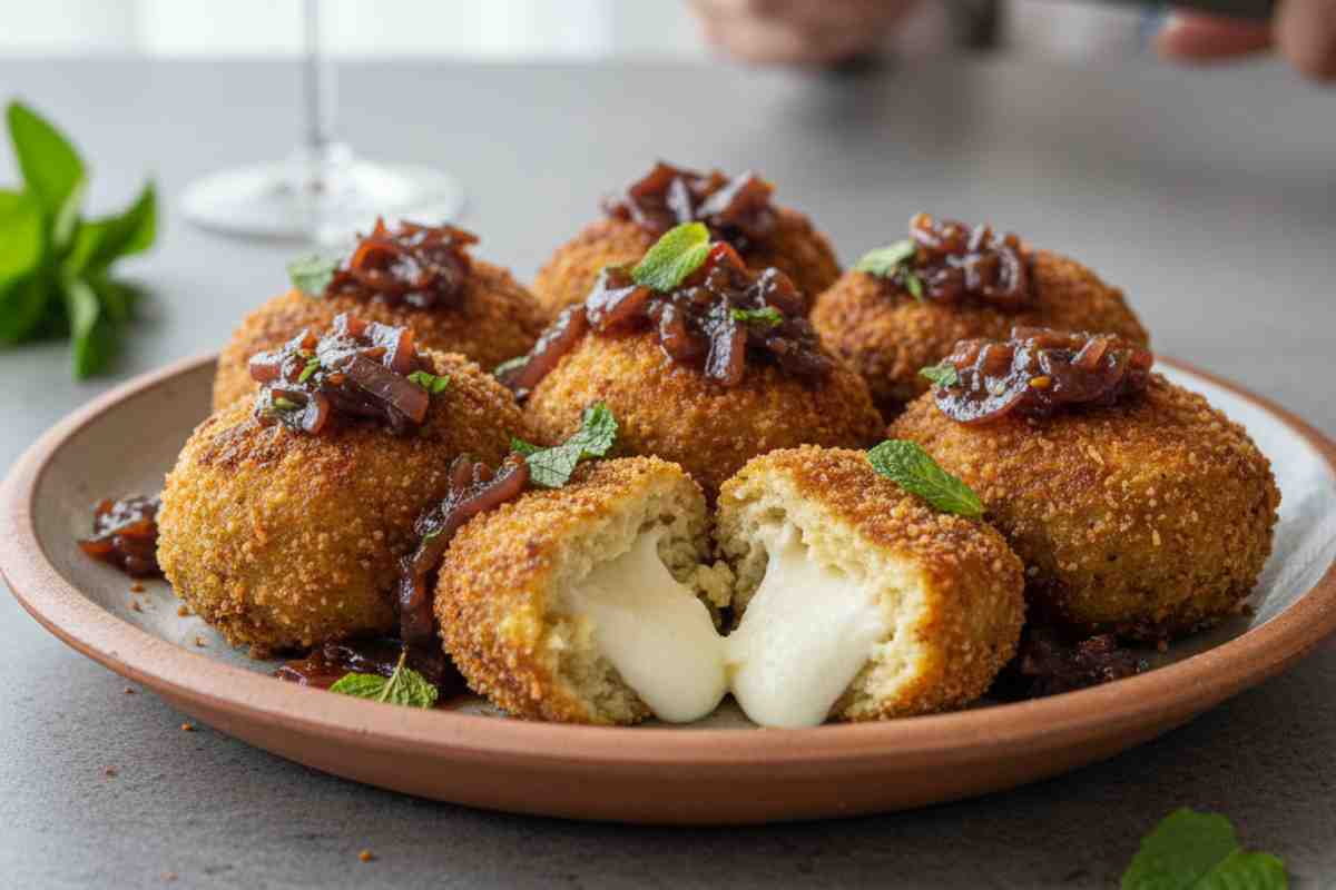 Polpette di Melanzane con formaggio Caprino e mostarda di cipolla rossa in un piatto
