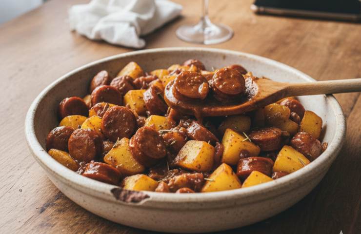 Wurstel e patate cotti in un piatto