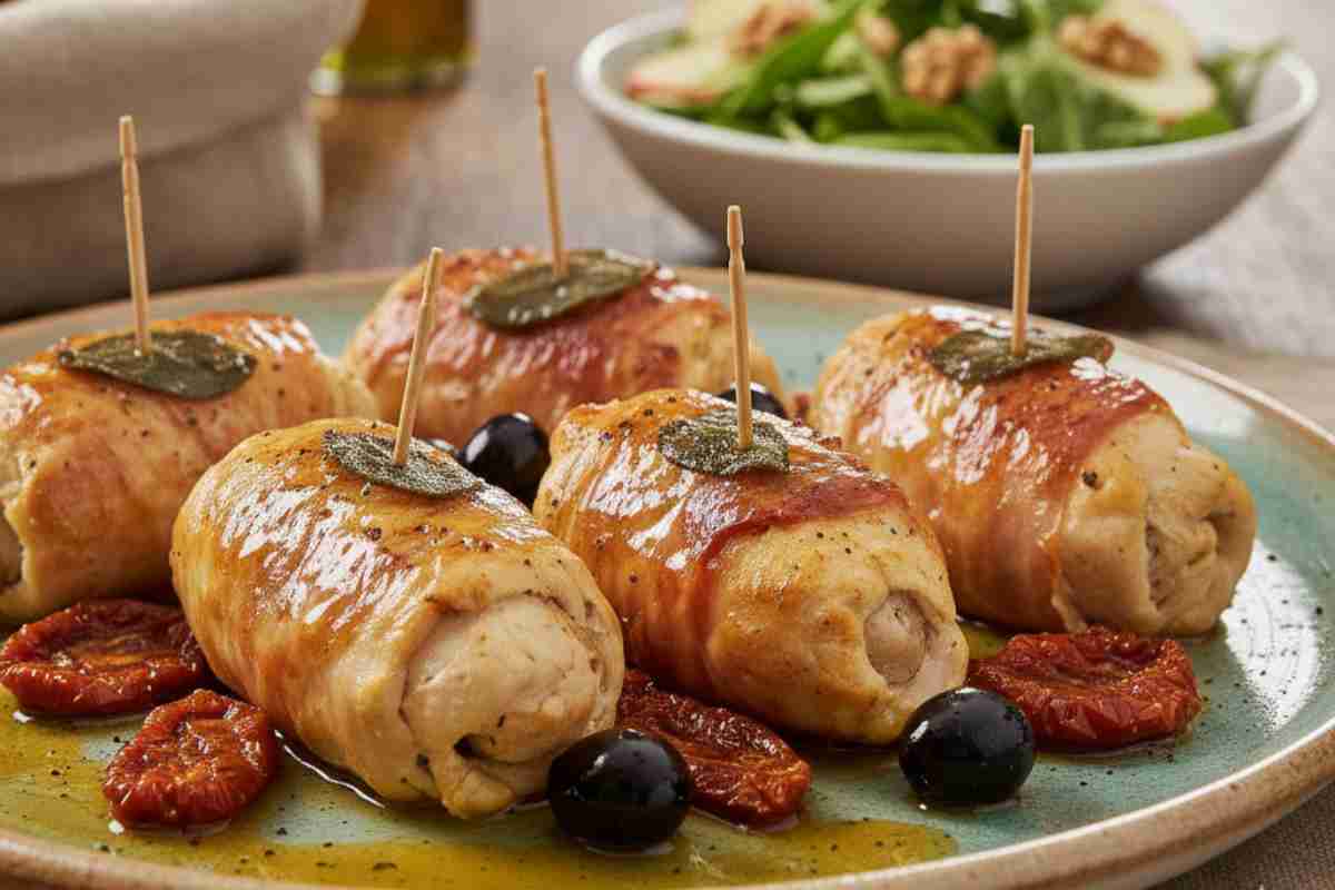 Dei saltimbocca di pollo alla Mediterranea in un piatto su tavola apparecchiata