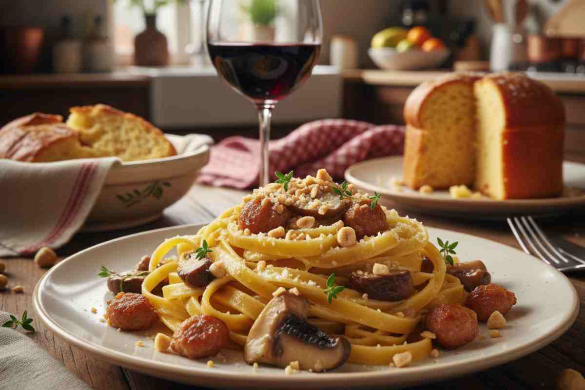 Un piatto abbondante di tagliatelle ai funghi porcini, salsiccia e taleggio