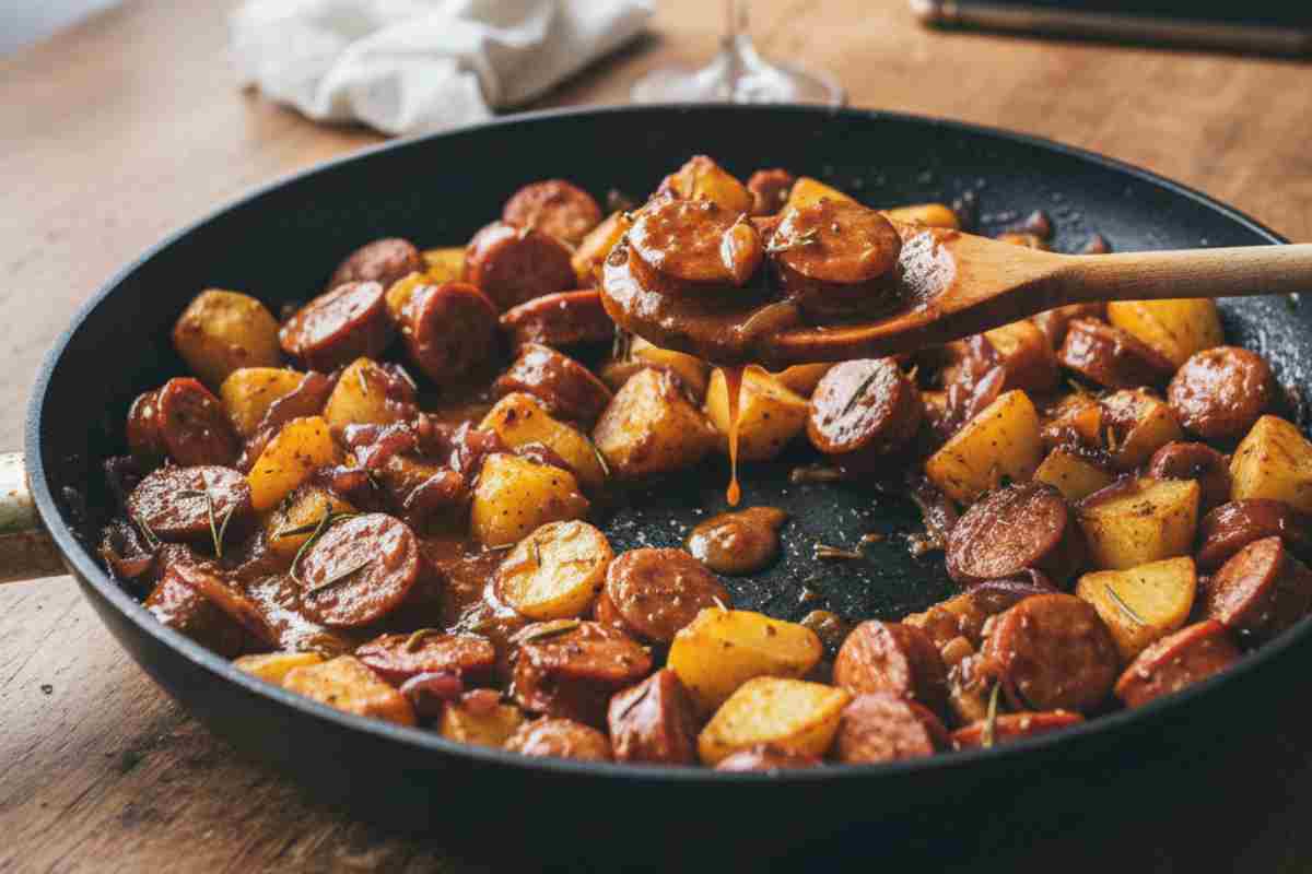 Wurstel e patate cotti in una padella