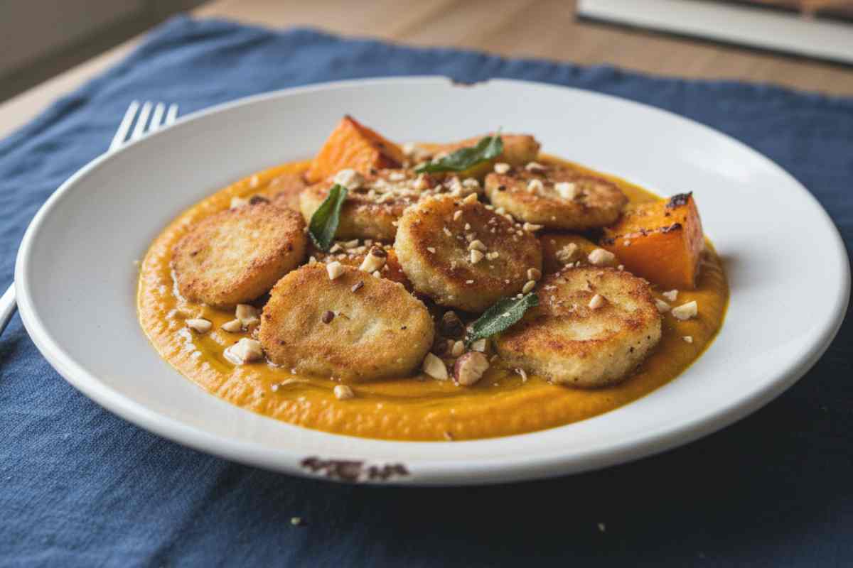 Gnocchi di Pane Croccanti su Crema di Zucca Arrostita e Nocciole Tostate in un piatto su panno blu