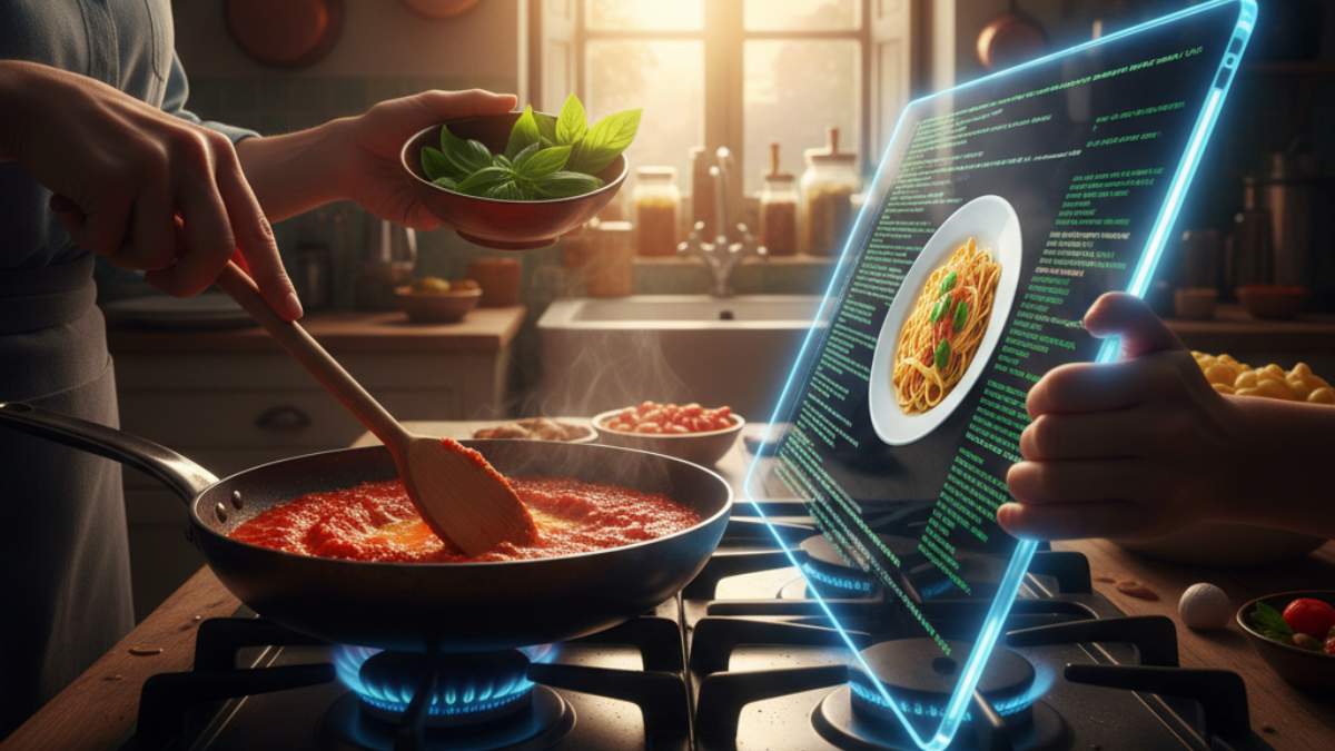 Confronto tra cucina reale umana e ricetta generata da codice di intelligenza artificiale su tablet