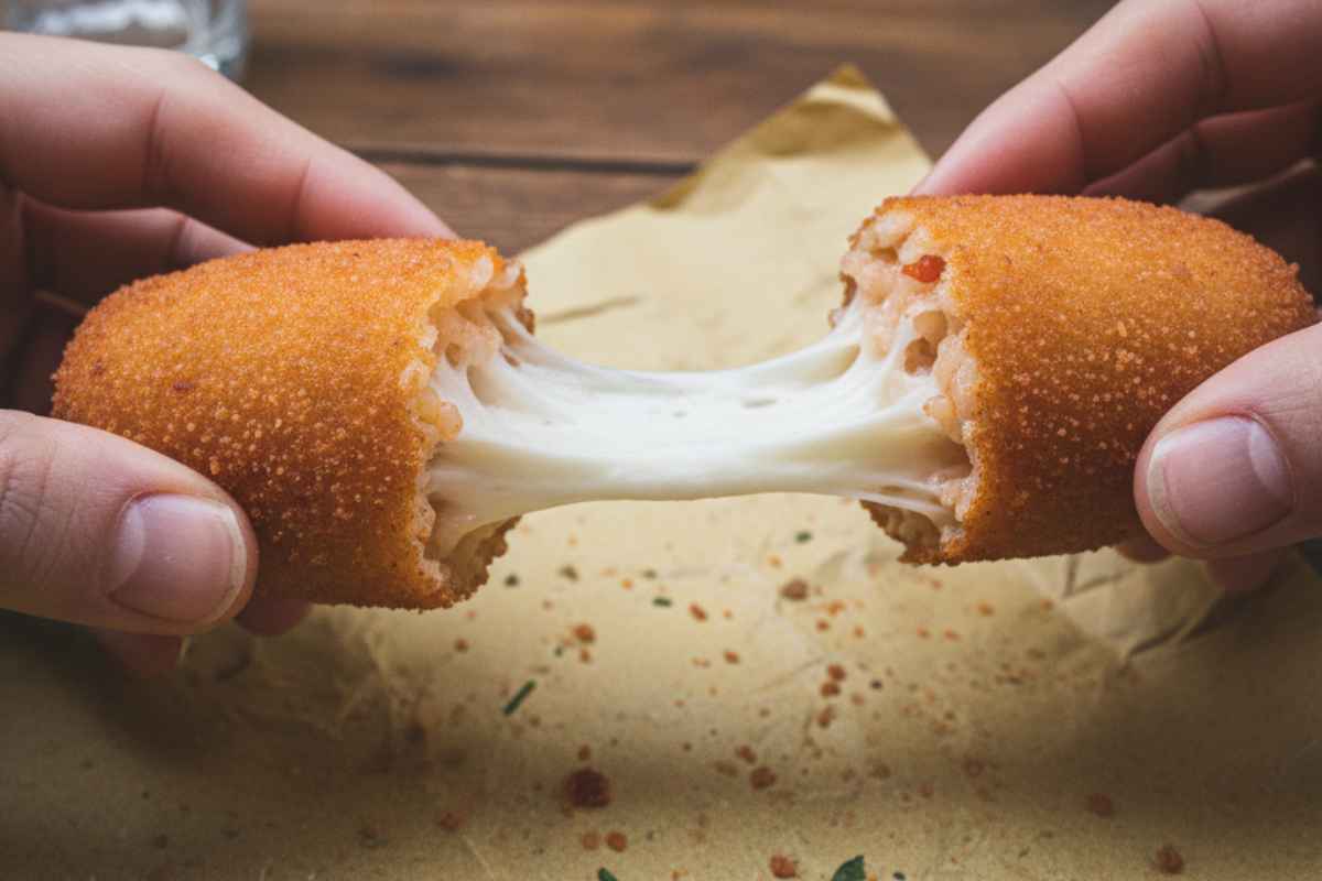 Supplì al telefono aperto in due con filo di mozzarella