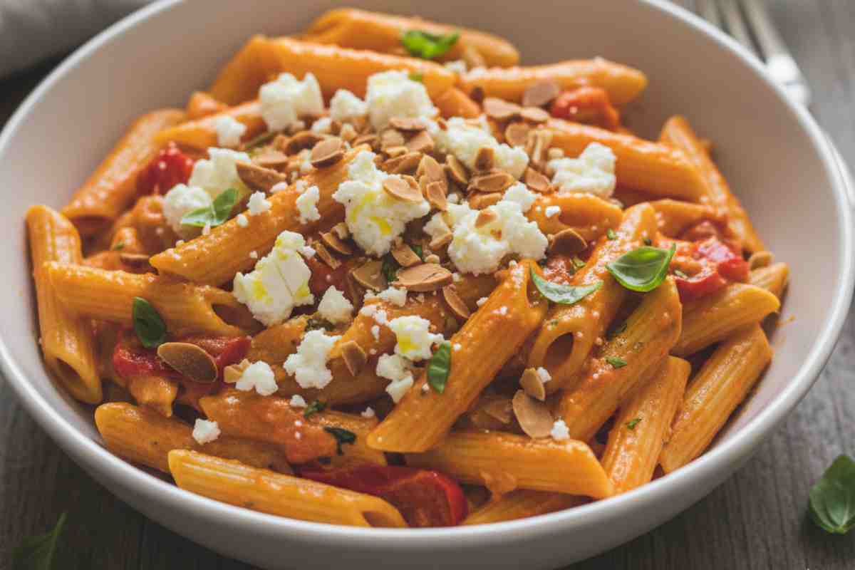 Pasta alla crema di peperoni, feta greca e mandorle tostate in un piatto