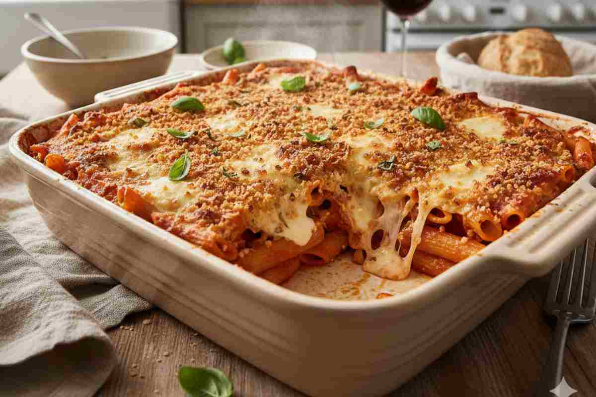 Pasta al forno veloce in una teglia bianca su tavolo in cucina