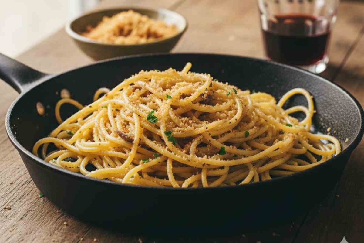 Pasta molliche ed acciughe in una padella