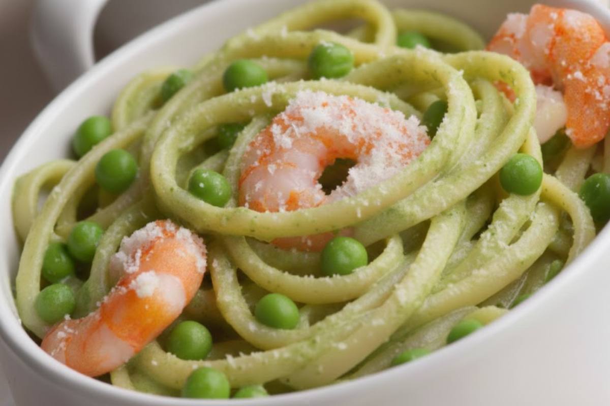 pasta cremosa con piselli e gamberi